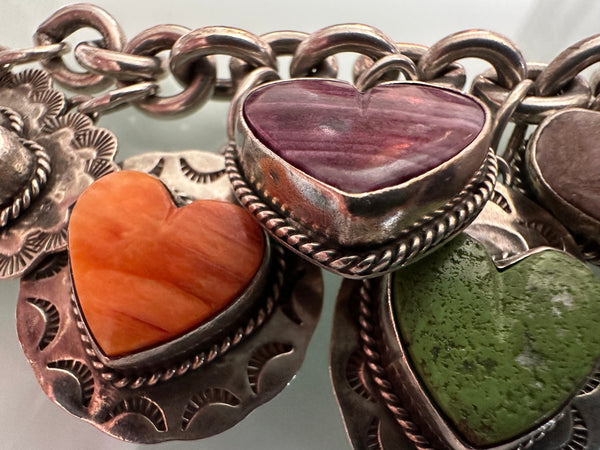 Joan Slifka signed OOAK 12 charm bracelet gothic heart silver double sided