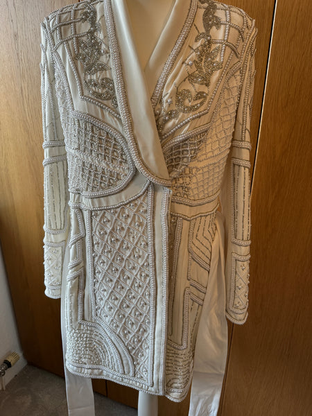 Karen Millen Beaded blazer dress coat ivory pearl diamante UK 12 worn 1 ex con
