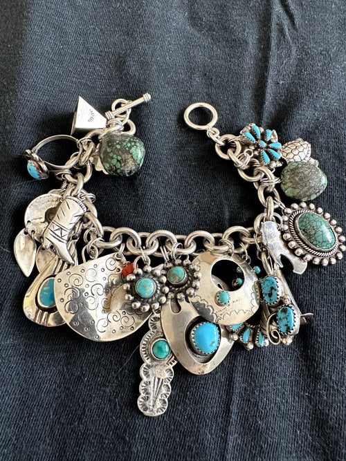 Native American Silver & Turquoise  Fully loaded charm Bracelet