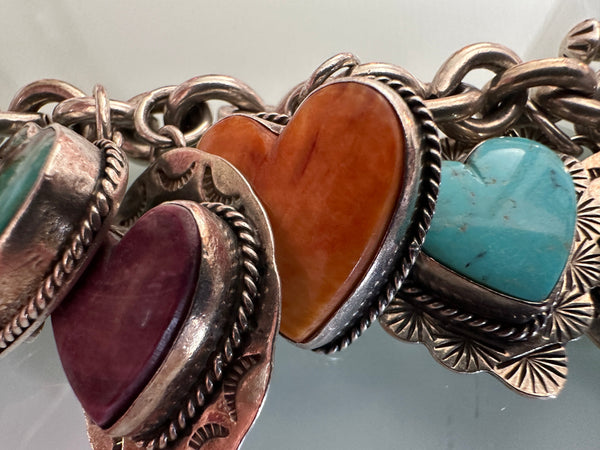 Joan Slifka signed OOAK 12 charm bracelet gothic heart silver double sided