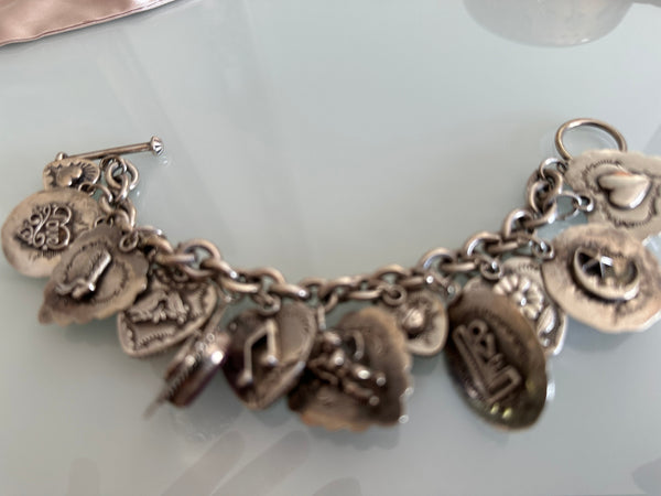 Joan Slifka signed OOAK 12 charm bracelet gothic heart silver double sided