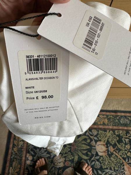 BNWT Reiss Alanis open back backless top white UK 12 EU 40 US 8 halterneck tie