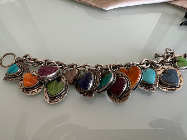 Joan Slifka signed OOAK 12 charm bracelet gothic heart silver double sided