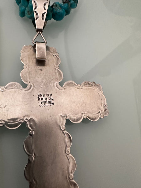 KC Cook Navajo Silver & Turquoise Huge Cross Necklace