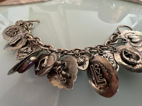 Joan Slifka signed OOAK 12 charm bracelet gothic heart silver double sided