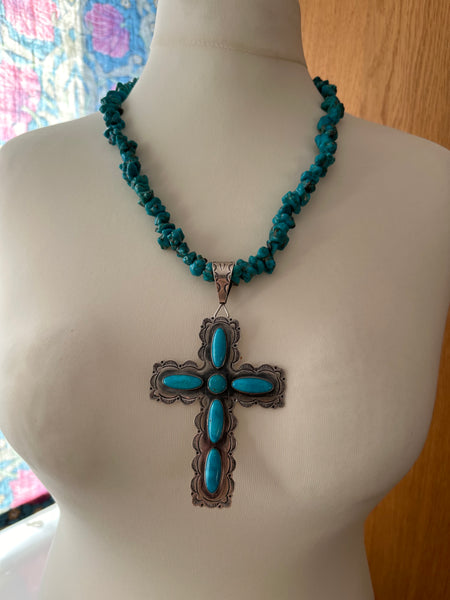 KC Cook Navajo Silver & Turquoise Huge Cross Necklace