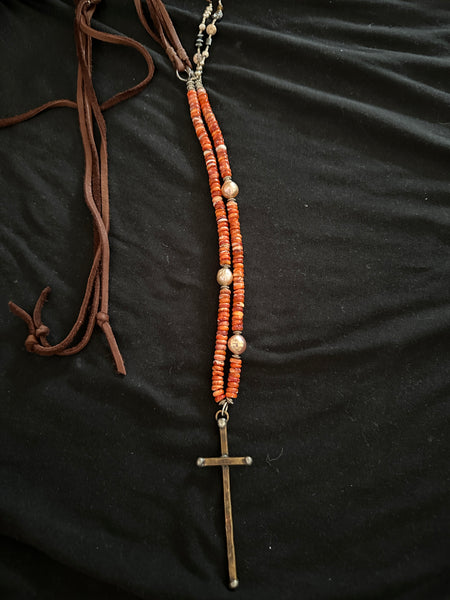 Spiny Oyster long copper Cross Necklace