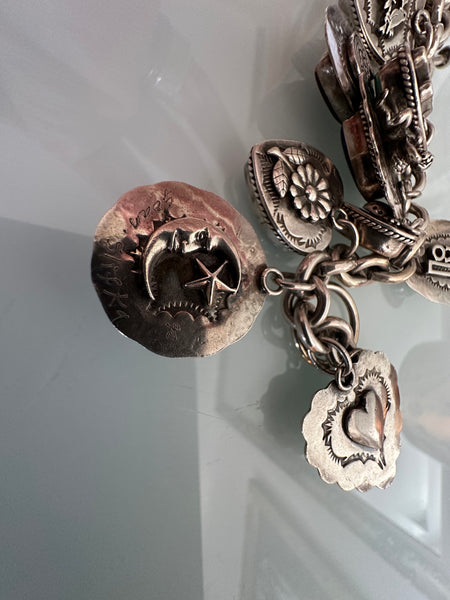 Joan Slifka signed OOAK 12 charm bracelet gothic heart silver double sided