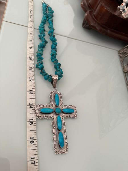 KC Cook Navajo Silver & Turquoise Huge Cross Necklace