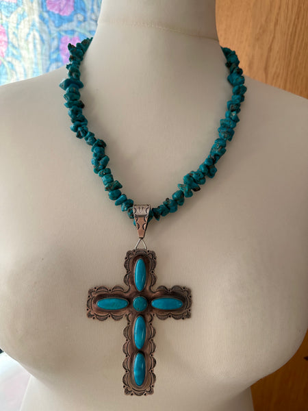 KC Cook Navajo Silver & Turquoise Huge Cross Necklace