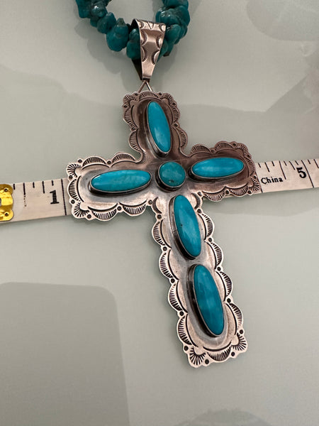 KC Cook Navajo Silver & Turquoise Huge Cross Necklace
