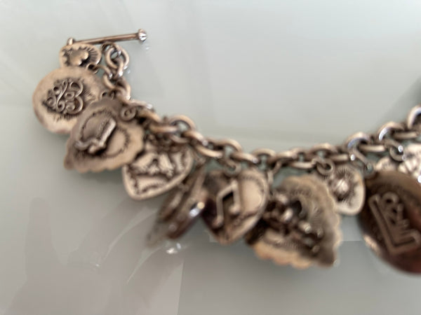 Joan Slifka signed OOAK 12 charm bracelet gothic heart silver double sided