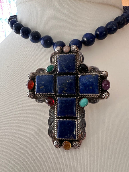 Joan Slifka Lapis Beads and Large Cross Necklace