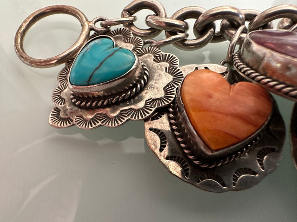 Joan Slifka signed OOAK 12 charm bracelet gothic heart silver double sided