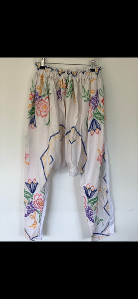 OOAK vintage linen hand embroidered Harem Pants