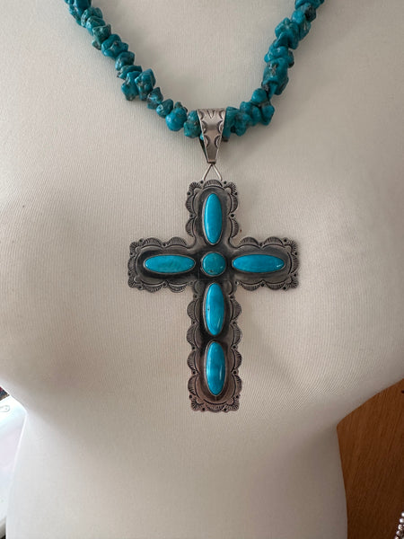 KC Cook Navajo Silver & Turquoise Huge Cross Necklace