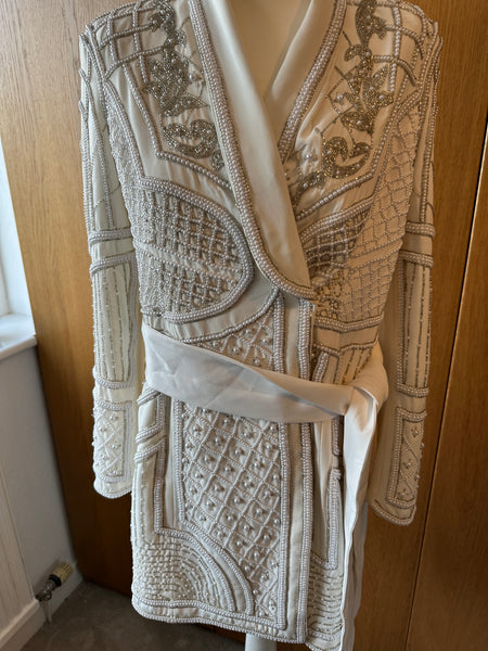 Karen Millen Beaded blazer dress coat ivory pearl diamante UK 12 worn 1 ex con