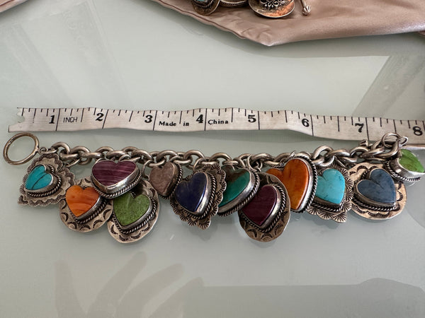 Joan Slifka signed OOAK 12 charm bracelet gothic heart silver double sided