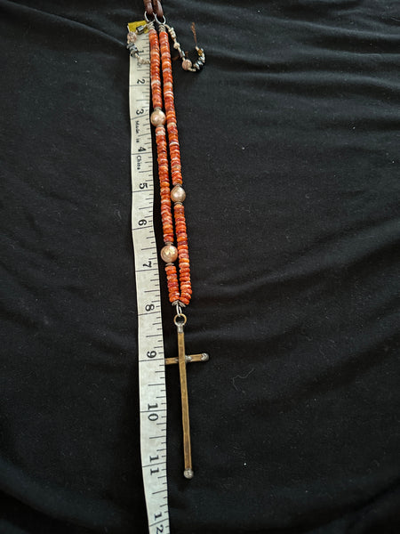 Spiny Oyster long copper Cross Necklace