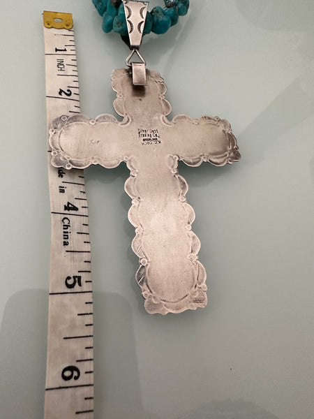 KC Cook Navajo Silver & Turquoise Huge Cross Necklace