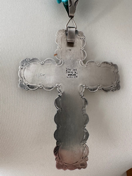 KC Cook Navajo Silver & Turquoise Huge Cross Necklace