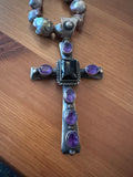 Huge chimney Butte Silver and Amethyst cross pendant on Baroque pearl necklace