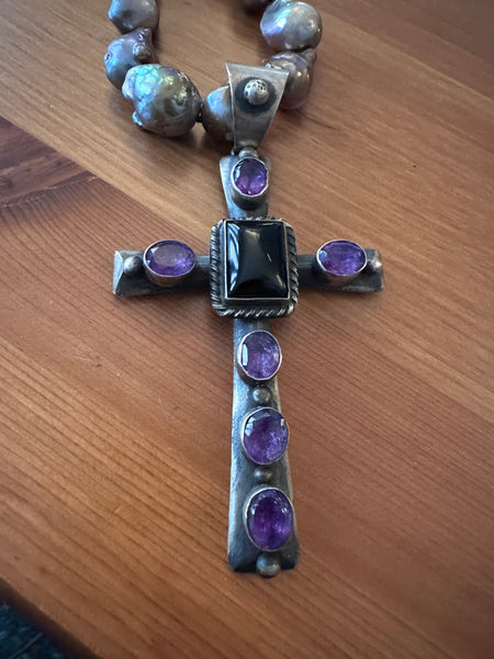 Huge chimney Butte Silver and Amethyst cross pendant on Baroque pearl necklace