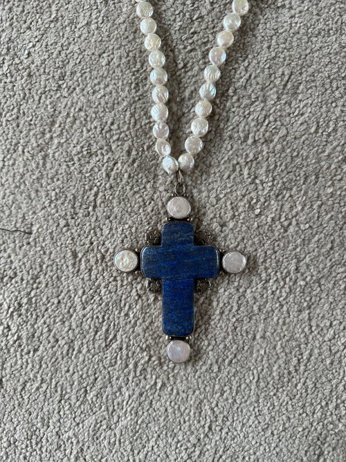 Joan Slifka Coin Pearl Necklace large lapis cross