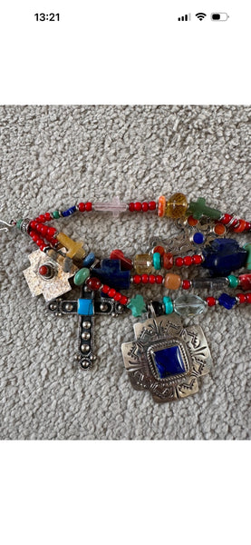 Kim Yubeta OOAK cross charm bracelet lapis spiny silver cert south western boho