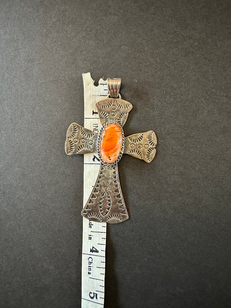 Large Silver Spiny Oyster Cross Pendant Navajo