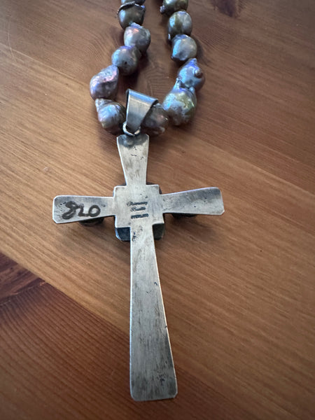 Huge chimney Butte Silver and Amethyst cross pendant on Baroque pearl necklace