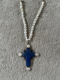 Joan Slifka Coin Pearl Necklace large lapis cross