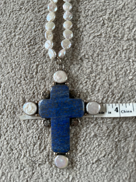 Joan Slifka Coin Pearl Necklace large lapis cross