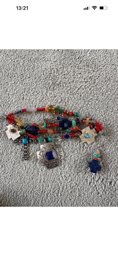 Kim Yubeta OOAK cross charm bracelet lapis spiny silver cert south western boho