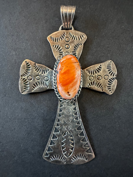 Large Silver Spiny Oyster Cross Pendant Navajo