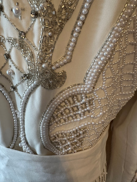 Karen Millen Beaded  blazer dress coat ivory pearl diamante UK 12 worn 1 ex con