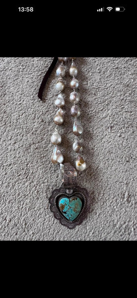 Deeta by Design baroque pearl necklace large turquoise with silver heart new