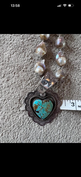 Deeta by Design baroque pearl necklace large turquoise with silver heart new
