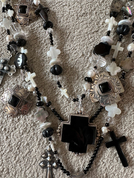 Kim Yubeta Mother of Pearl Cross Onyx Charm Necklace