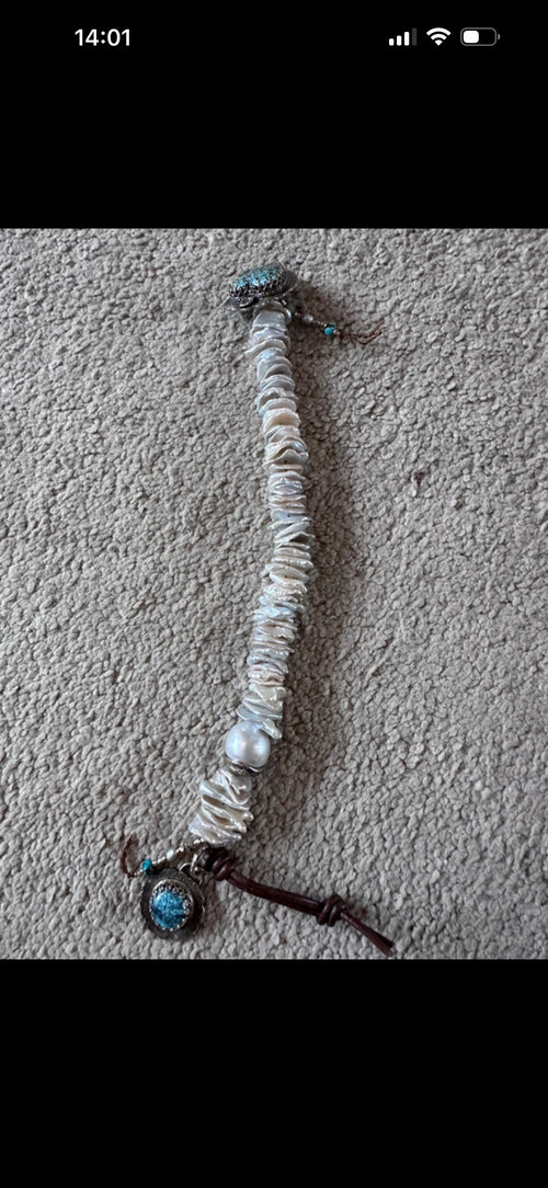 NEW antique white coin pearl and turquoise heart bracelet.