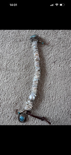 NEW antique white coin pearl and turquoise heart bracelet.