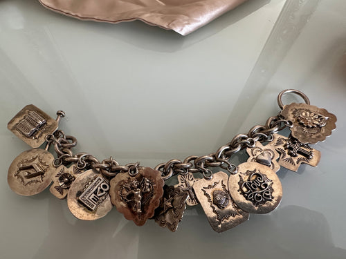 Joan Slifka signed OOAK 12 charm bracelet crosses silver turquoise double sided