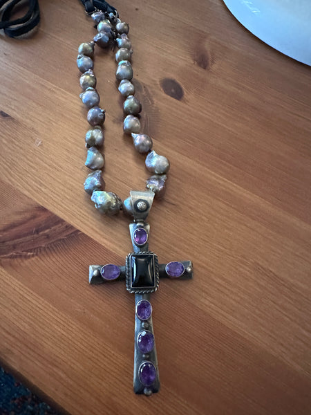 Huge chimney Butte Silver and Amethyst cross pendant on Baroque pearl necklace