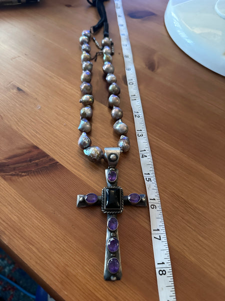 Huge chimney Butte Silver and Amethyst cross pendant on Baroque pearl necklace