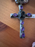 Huge chimney Butte Silver and Amethyst cross pendant on Baroque pearl necklace