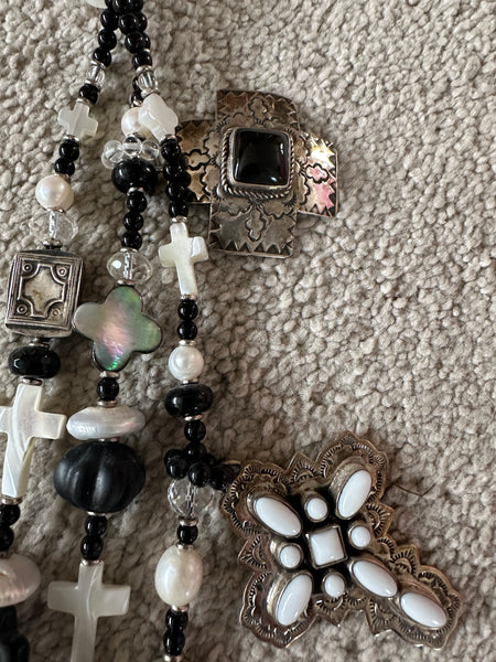 Kim Yubeta Mother of Pearl Cross Onyx Charm Necklace