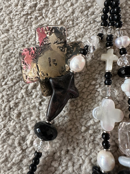 Kim Yubeta Mother of Pearl Cross Onyx Charm Necklace