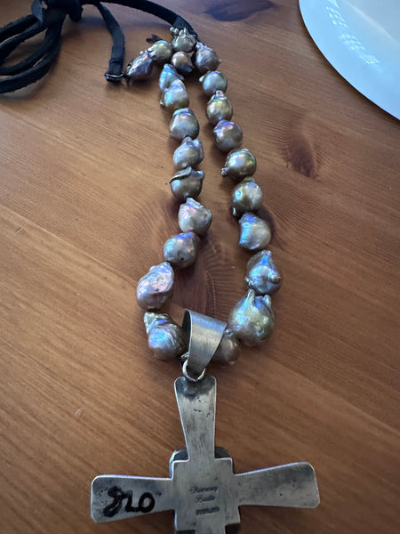 Huge chimney Butte Silver and Amethyst cross pendant on Baroque pearl necklace