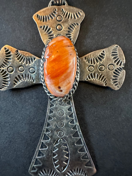 Large Silver Spiny Oyster Cross Pendant Navajo