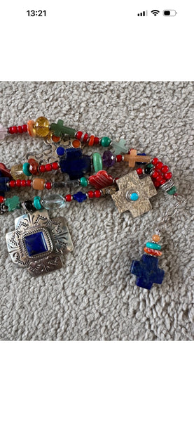 Kim Yubeta OOAK cross charm bracelet lapis spiny silver cert south western boho